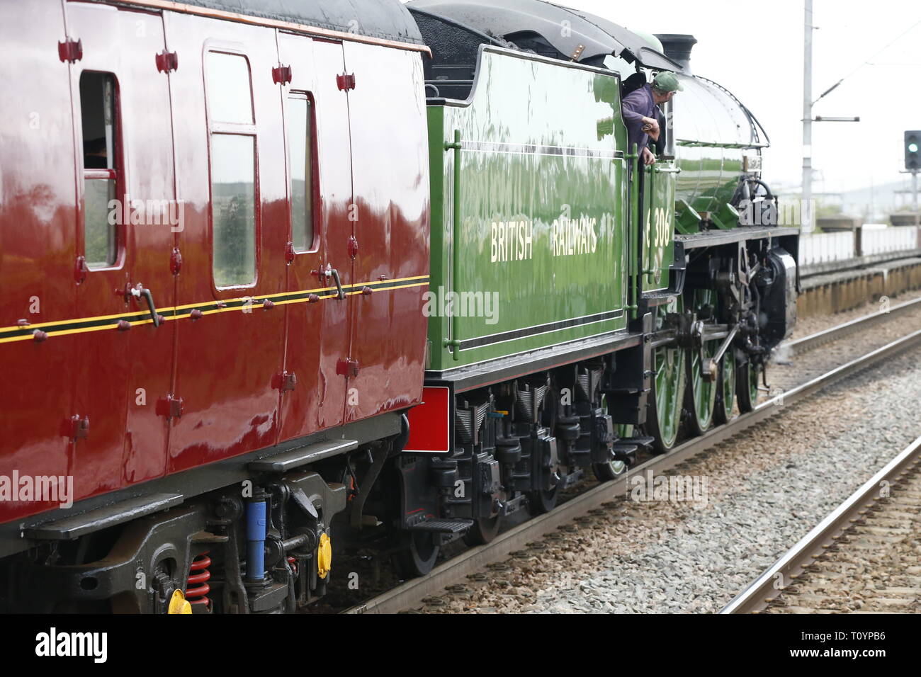 Rainham, Regno Unito. 23 marzo, 2019. Mayflower attraversando il paese di Essex lato e fermandosi a Rainham Essex stazione. Il Mayflower 61306 è uno dei due sopravvissuti di B1 locomotive classe fu costruito per il London & North Eastern Railway, 61306 Mayflower è uno dei due sopravvissuti di B1 classe locomotive. Il B1's erano concepiti come il traffico misto di locomotori in grado di tirare express treni passeggeri nonché il traffico merci. Come potente, andare ovunque i motori, il B1's ha lavorato in tutta la maggior parte del Regno Unito della rete ferroviaria da East Anglia in Scozia. Credit: Azione Foto Sport/Alamy Live News Foto Stock