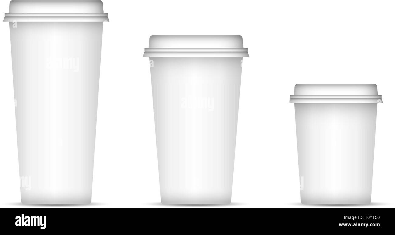 Bianco tazze di caffè impostata isolato su sfondo. Eps 10 illustrazione vettoriale. Carta monouso o tazze di plastica con coperchio per il caffè espresso, latte o tè. Illustrazione Vettoriale
