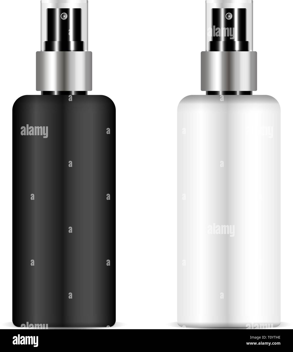 Bianco e nero flacone spruzzatore impostato con coperchio trasparente per cosmetici, profumi, Deodorante rinfrescante. Realistica rappresentazione di vettore isolato su BAC Illustrazione Vettoriale