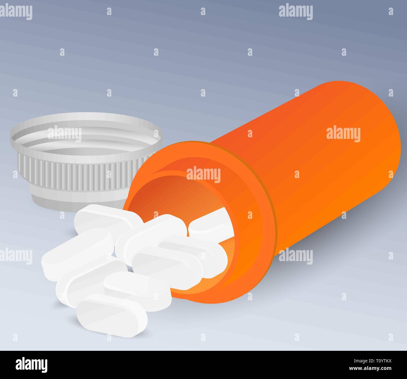Medicina la bottiglia di plastica con le pillole o compresse. Illustrazione Vettoriale. Isolato su sfondo. Il pacchetto in materia di droga con coperchio mockup. Illustrazione Vettoriale