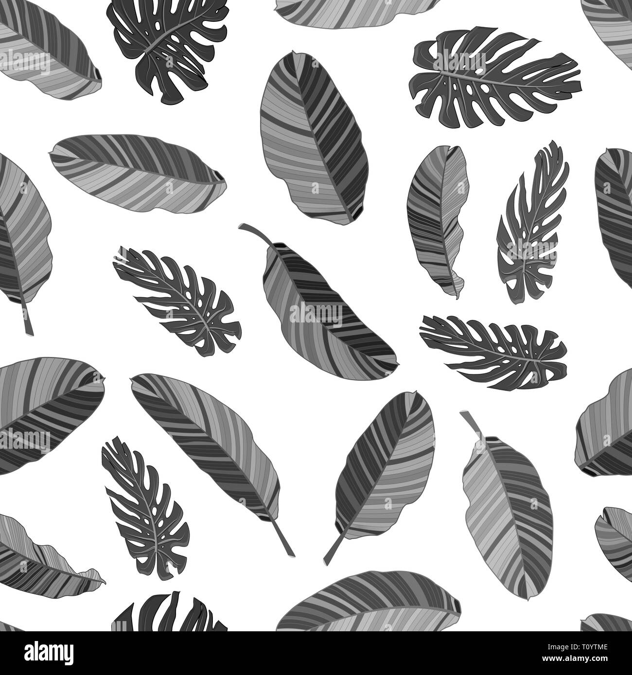 In bianco e nero con motivi floreali senza giunture tessili pattern. EPS10 illustrazione vettoriale. Tropical banana e foglie di monstera isolati su sfondo bianco. Illustrazione Vettoriale
