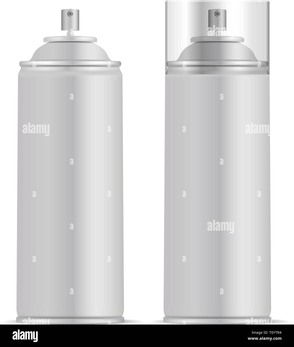 Alluminio spray può con coperchio vettore illustrazione mockup. Pacchetto realistico per vernice, aerosol, deodorante isolati su sfondo bianco. Illustrazione Vettoriale