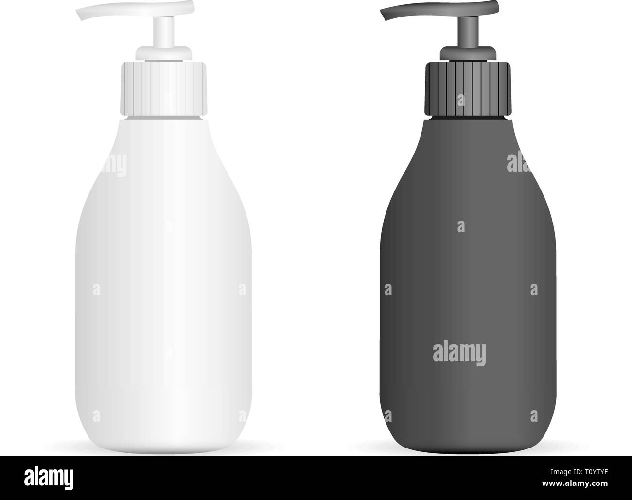 In bianco e nero della pompa in plastica bottiglie set isolato su sfondo. Pacchetto con erogatore a pompa per la crema, zuppa di liquido, schiuma, shampoo. Illustratio vettore Illustrazione Vettoriale