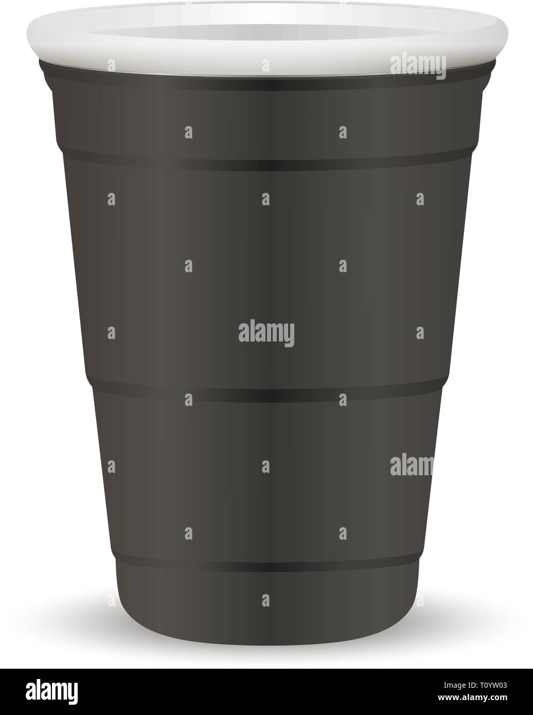 Black party cup realistiche in 3D illustrazione vettoriale. Monouso di plastica o di carta mockup del contenitore per bevande e divertenti giochi isolati su sfondo bianco. Illustrazione Vettoriale