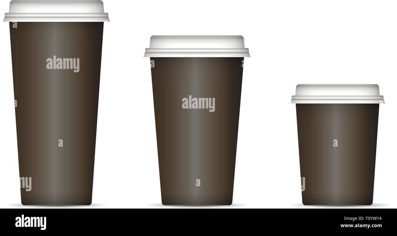 Nero caffè tazze set isolato su sfondo. Eps 10 illustrazione vettoriale. Carta monouso o tazze di plastica con coperchio per il caffè espresso, latte o tè. Illustrazione Vettoriale