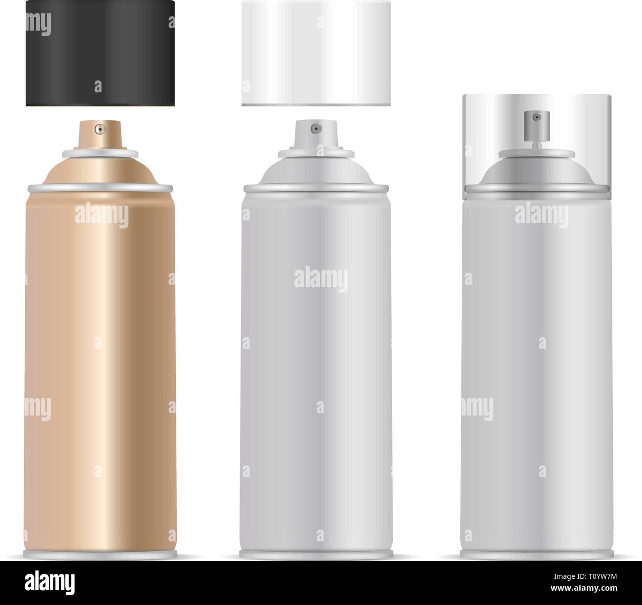 Spray per aerosol di metallo set di bottiglie con diversi erogatori e coperchi. Deodorante o lattine di vernice modello. Pacchetto vettoriale illustrazione isolato su bianco ba Illustrazione Vettoriale
