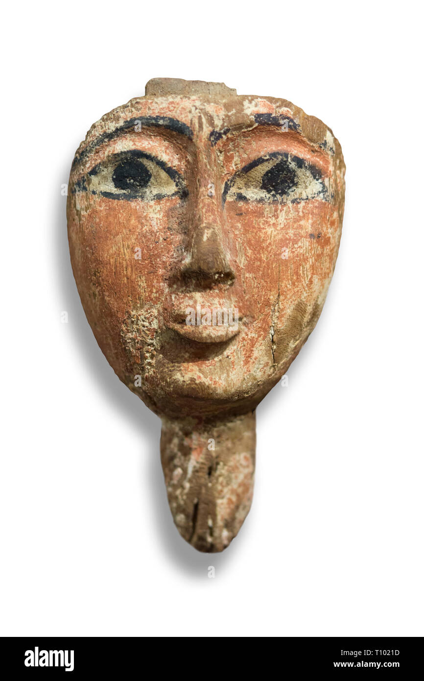 Antico egiziano rosso terracotta polychromed maschera. Isolate su. Raccolta Ifergan Foto Stock