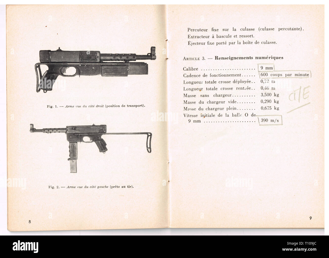 Militari manuale tecnico sulla macchina francese pistola 'Ma 1021 PM', Francia Foto Stock