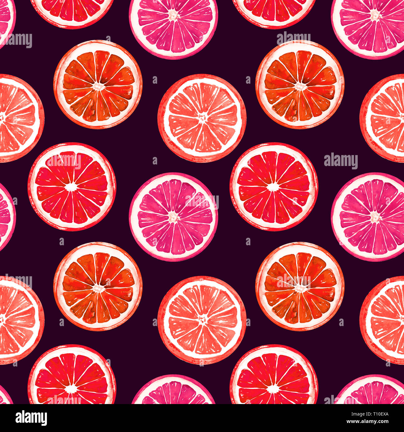 Di arancia e di pompelmo, seamless pattern design, dipinte a mano illustrazione ad acquerello, sfondo scuro Foto Stock