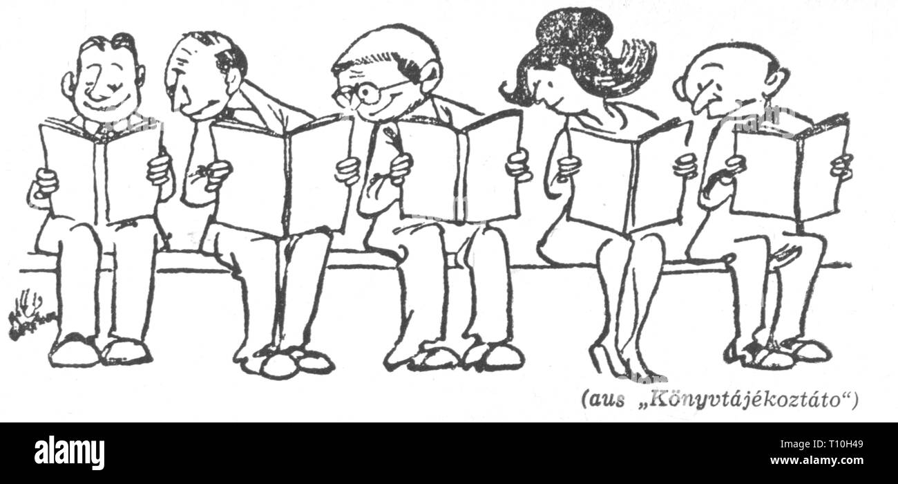 Letteratura, caricatura, lettore, disegno da: 'Koenyvtajekoztato', Ungheria, 1968 graphic, grafica, umorismo umorismo, satira, mezza lunghezza, seduta, sedersi, azienda, attesa, prenota, libri, leggere, guardare, guardando, guarda, guarda, curiosità, curiosità, lettura, lettura, light novel, bibliomaniac, avido lettore, bookworm, appassionato lettori, tarli, xx secolo, dagli anni sessanta, caricatura, caricature, storico, storico Konyvtajekoztato, Könyvtajekoztato, donna donne, femmina, Uomo, uomini, maschio, persone Additional-Rights-Clearance-Info-Not-Available Foto Stock