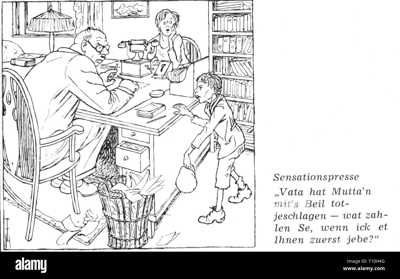 Premere il tasto / media, caricatura, 'Sensationspresse - Vata hat Mutta'n del mit Beil ha totjeschlagen - wat zahlen Se, wenn ick et Ihnen zuerst jebe?' (sensazionale premere - papà ha ucciso la mamma con un ascia - cosa d'ya pagare per averlo prima?), disegno di Thomas Theodor Heine (1867 - 1948), da: 'Simplicissimus', 34th volume, numero 4, Monaco di Baviera, 22.4.1929, Repubblica federale di Germania Repubblica di Weimar, grafica, grafica, umorismo umorismo, satira, giornali, quotidiani e giornali editor, Newspaper Editors, segretario, segretari, seduto, seduti, in piedi, premere sensazionale, sensazione, sensazioni, mur, artista del diritto d'autore non deve essere cancellata Foto Stock