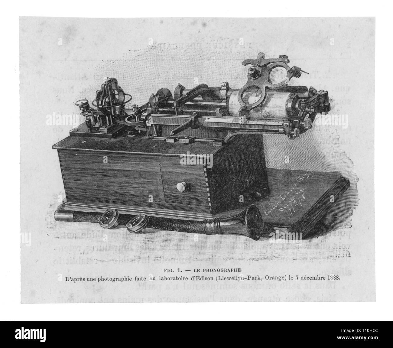 Technics, audio engineering, fonografo di Thomas Alva Edison, incisione su legno dopo la fotografia del laboratorio di Edison in West Orange, nel New Jersey, 7.12.1888, artista del diritto d'autore non deve essere cancellata Foto Stock