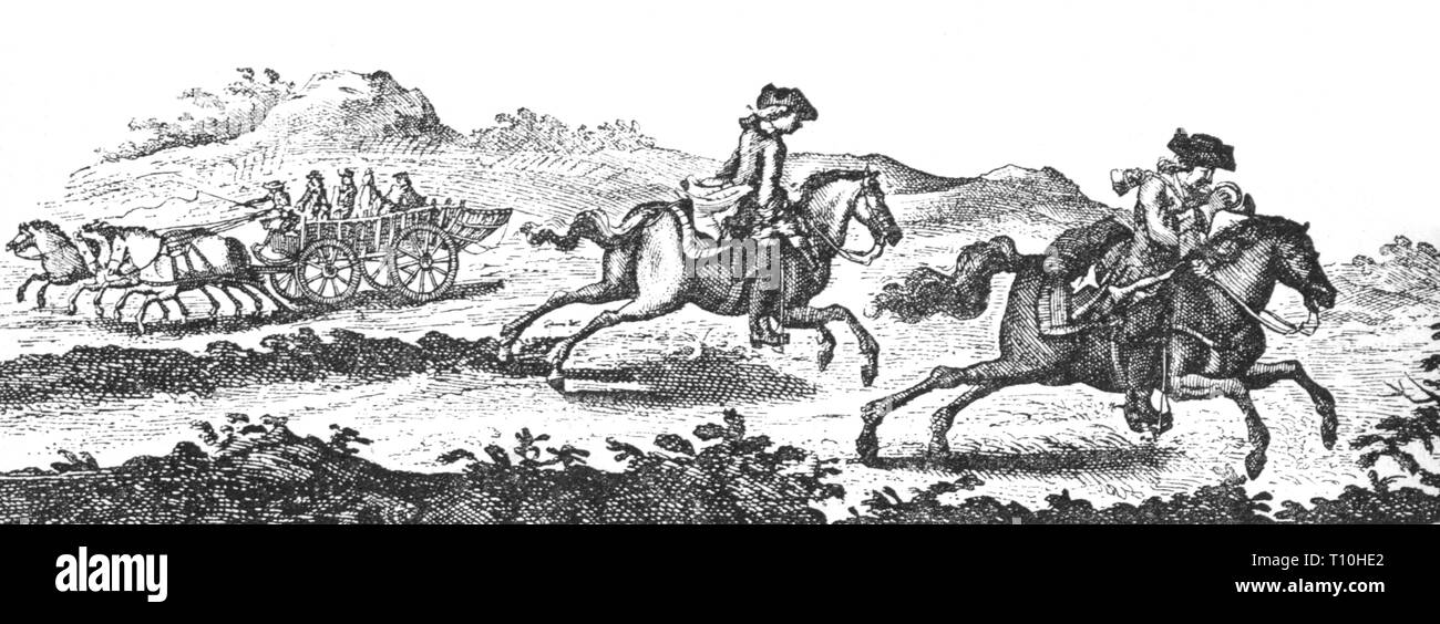 Mail, Postiglione, estratto da una mail mappa del percorso, incisione su rame di Peter Schenk il giovane, Amsterdam, 1734, artista del diritto d'autore non deve essere cancellata Foto Stock