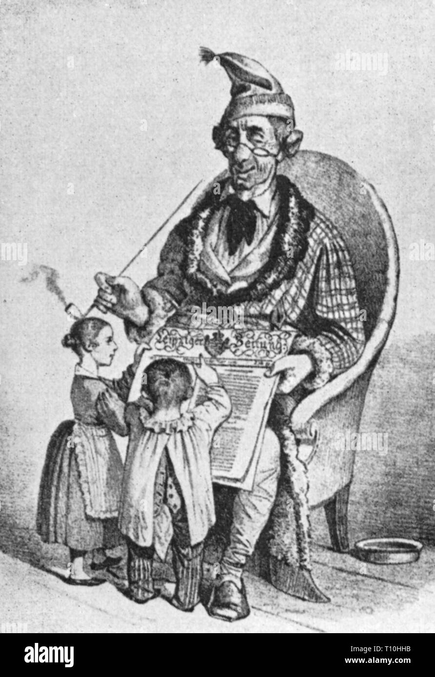 Premere il tasto / media, riviste, 'Der Kinderfreund' (un amante dei bambini), caricatura sulla "Leipziger Zeitung, adattato dal disegno di Friedrich Moritz Wendler (1814 - 1872), litografia, secolo XIX, Germania, grafica, grafica, umorismo umorismo, satira, mezza lunghezza, seduta, sedersi, jelly bag cap, jelly bag caps, cappuccio, cappelli, occhiali, occhiali, tubo di fumo, tubi, fumatori camicia, housecoat, atmosfera di comfort, ambiente confortevole, portliness, sedateness, dimensioni e solidità, lentezza e ponderousness, stolidity, confortevole e piacevole, premere, presse,, Additional-Rights-Clearance-Info-Not-Available Foto Stock