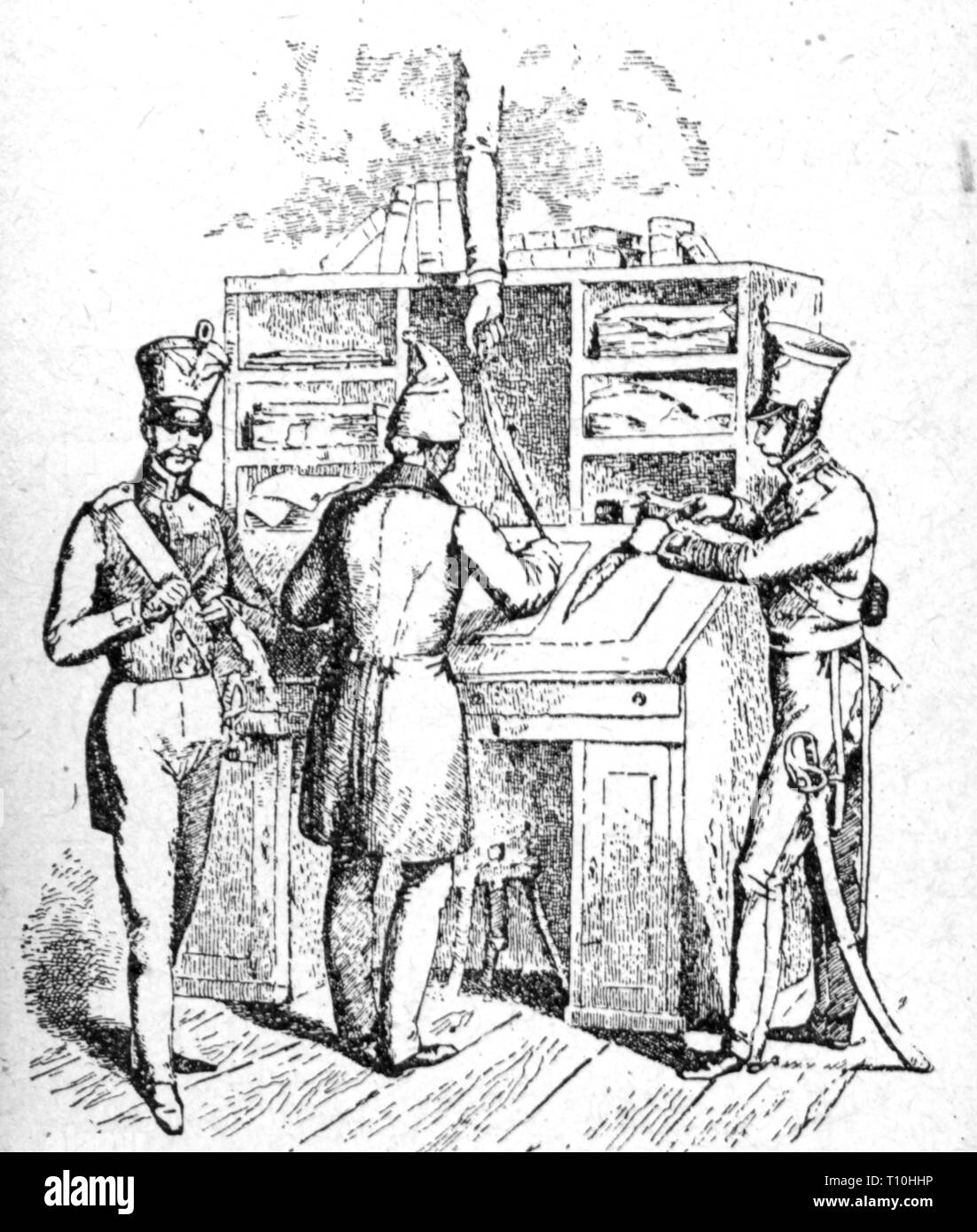 Premere il tasto / media, riviste, caricatura, scrivania sotto la vigilanza della polizia, Germania, 1843, Additional-Rights-Clearance-Info-Not-Available Foto Stock