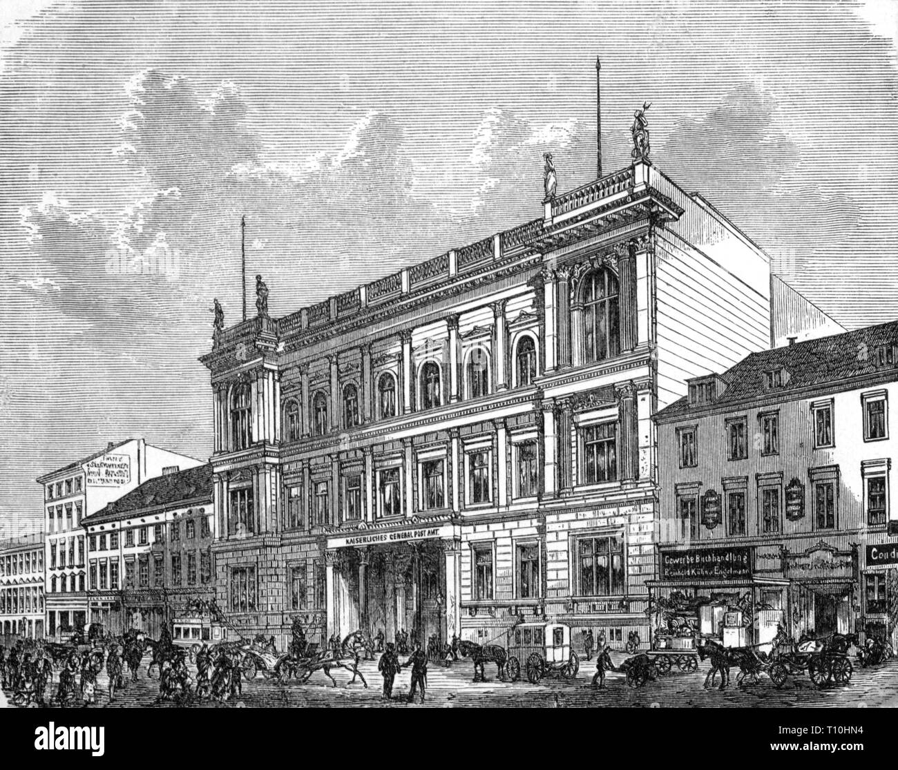 Geografia / viaggi storico, Germania, città e comunità, Berlino, autorità, Imperial Post Office, Leipziger Strasse, costruito: 1871 - 1874, architetto: Carl Schwatlo, vista esterna, incisione su legno, circa 1880, mail post, Post office, uffici postali, Tedesco Reichspost Reich (E-Mail), agenzia imperiale, autorità di governo, architettura, classicismo, Impero tedesco, di epoca imperiale, regno di Prussia, Europa, persone, trasporto, trasporto, secolo XIX, Comunità europee, autorità competenti, architetto, architetti, storico, storico, artista del diritto d'autore non deve essere cancellata Foto Stock