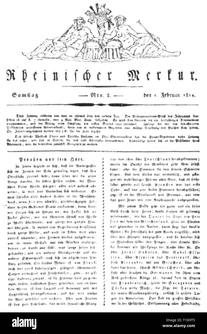 Premere il tasto / media, riviste, 'Rheinischer Merkur', front page, editor: Joseph Goerres (1776 - 1848), con il numero 8, Coblenza, 5.2.1814, artista del diritto d'autore non deve essere cancellata Foto Stock