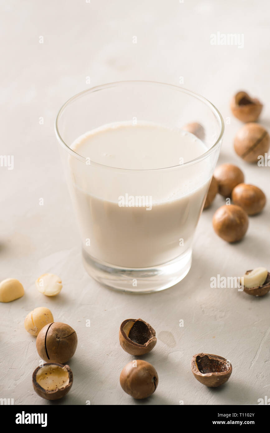 Super. Noci di macadamia e bicchiere di latte di macadamia su sfondo di pietra. Foto Stock