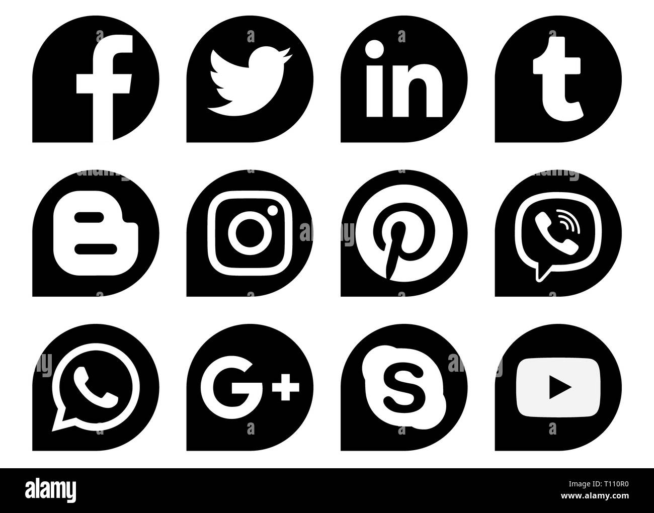 Kiev, Ucraina - 28 Novembre 2018: popolare social media scende nero icone stampate su carta: Facebook, Twitter Instagram, Pinterest, LinkedIn Viber Foto Stock