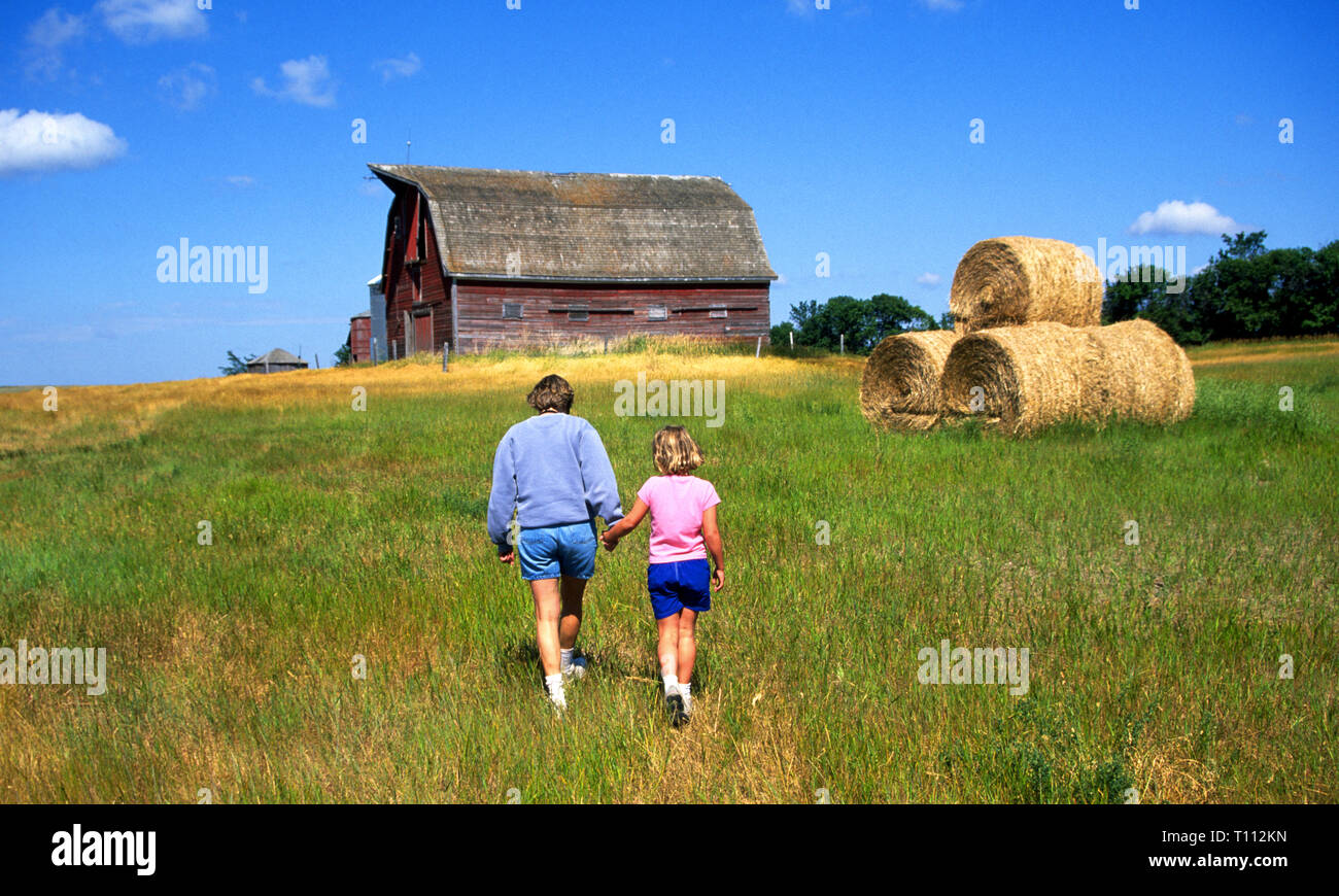 Una madre e figlia passeggiata attraverso un campo vicino ad un vecchio granaio rosso su una fattoria di grano in Saskatchewan, Canada, nel nord della Grande Pianura. Foto Stock
