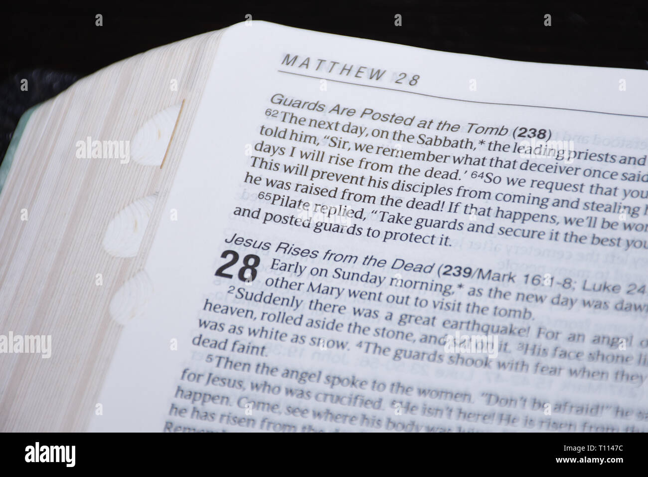 Pasqua la lettura della Bibbia della buona notizia della risurrezione di Gesù Cristo dai morti. Matteo Capitolo 28 Foto Stock