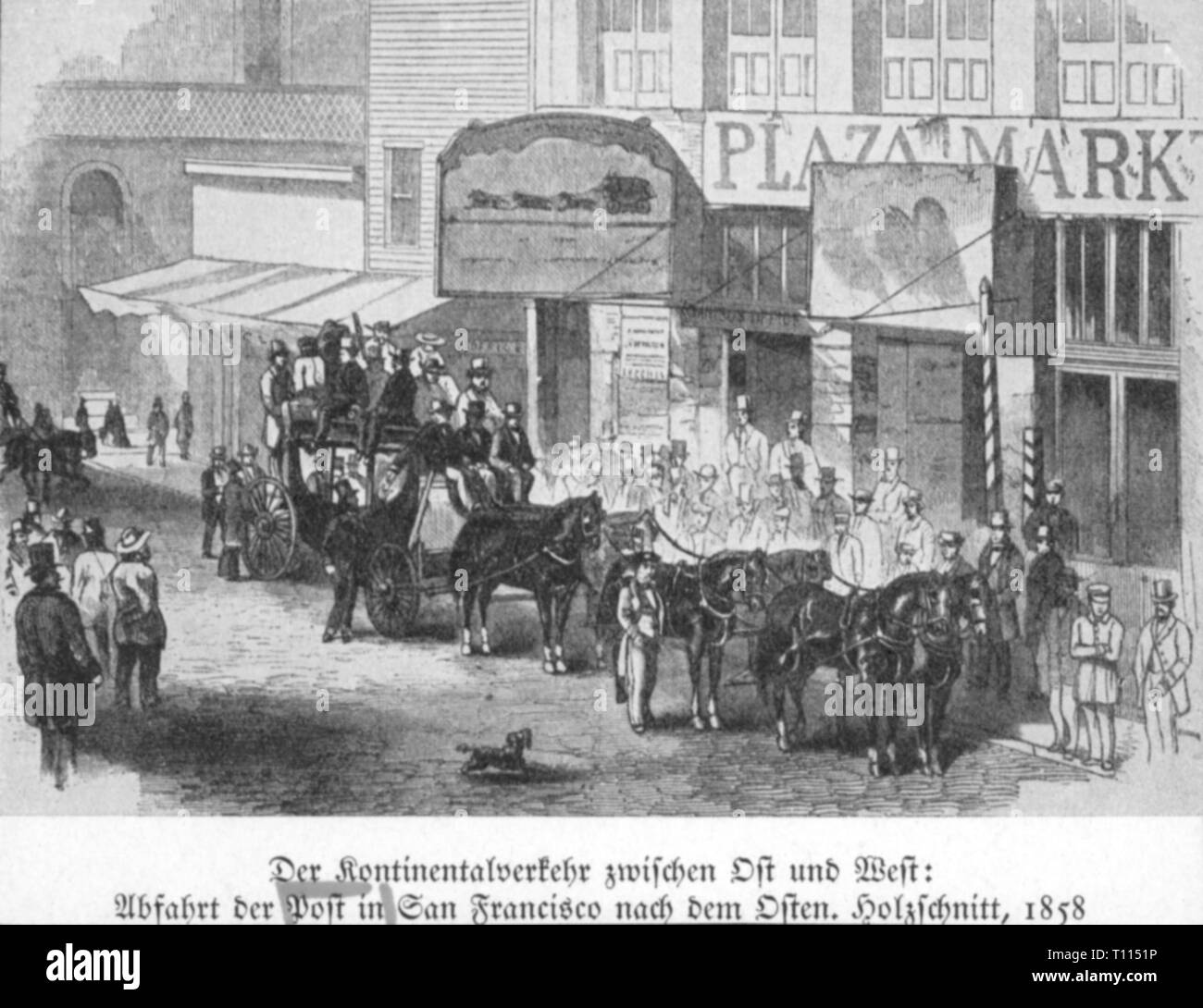 Mail, stagecoach, pullman di Butterfield Overland Mail prima della partenza da San Francisco, California, incisione su legno, 1858, artista del diritto d'autore non deve essere cancellata Foto Stock