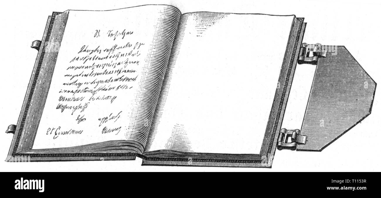 La scrittura e la scrittura di arnese, copy press di F. Soennecken, aperto, incisione su legno, marzo 1882, artista del diritto d'autore non deve essere cancellata Foto Stock