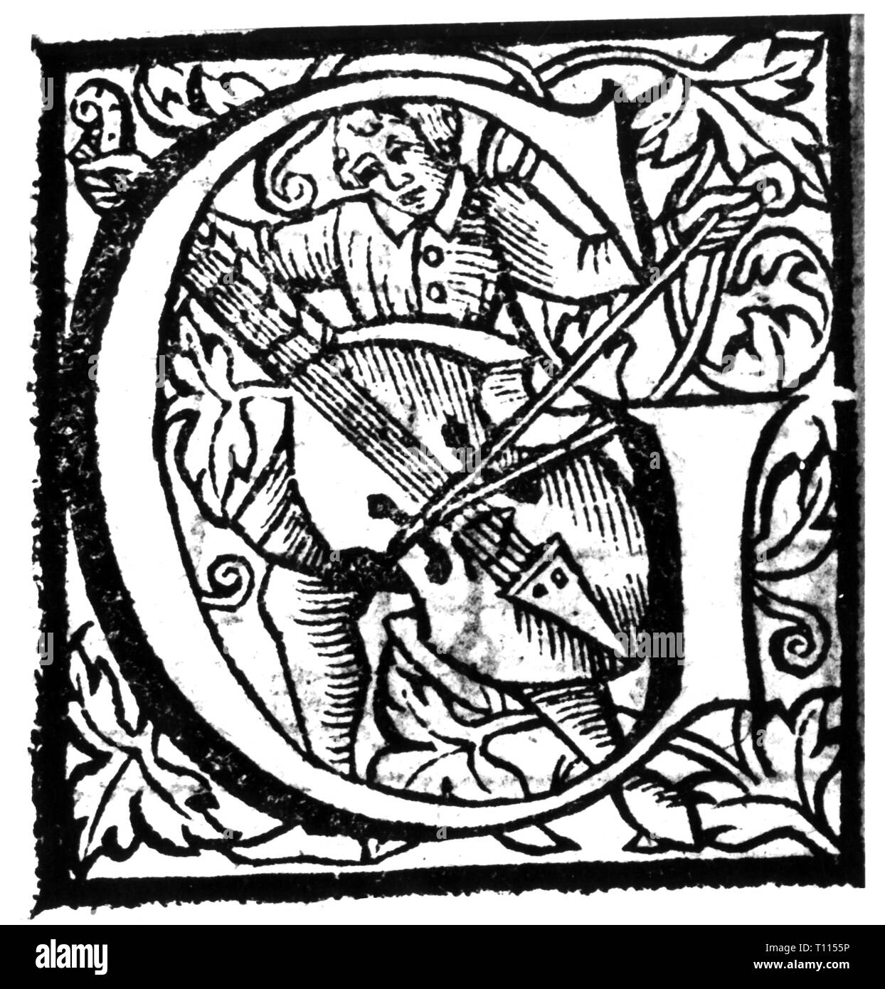 La scrittura di script, latino, Capitalis Monumentalis, iniziale 'G', da: "Liber mottetorum' di Jacobus de Kerle, Monaco, 1573, Additional-Rights-Clearance-Info-Not-Available Foto Stock
