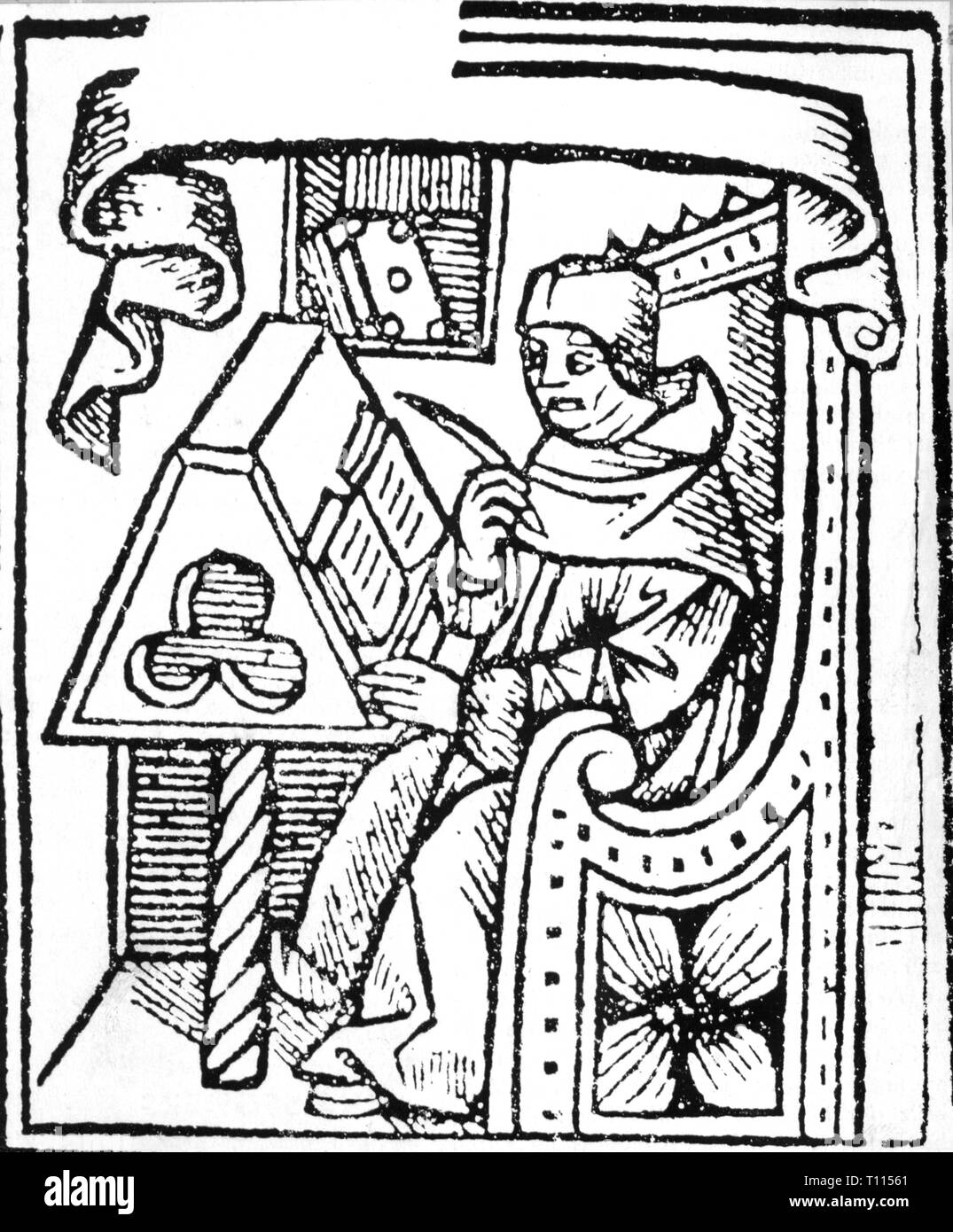 La scrittura, scribi, studioso al leggio, xilografia, XVI secolo, quill, quills, ufficio, uffici, prenota, libri, Rinascimento, persone, uomo, uomini, maschio, Manly, studioso, studiosi, scrivania, scrivanie, xilografia, xilografie, storico, storico Additional-Rights-Clearance-Info-Not-Available Foto Stock