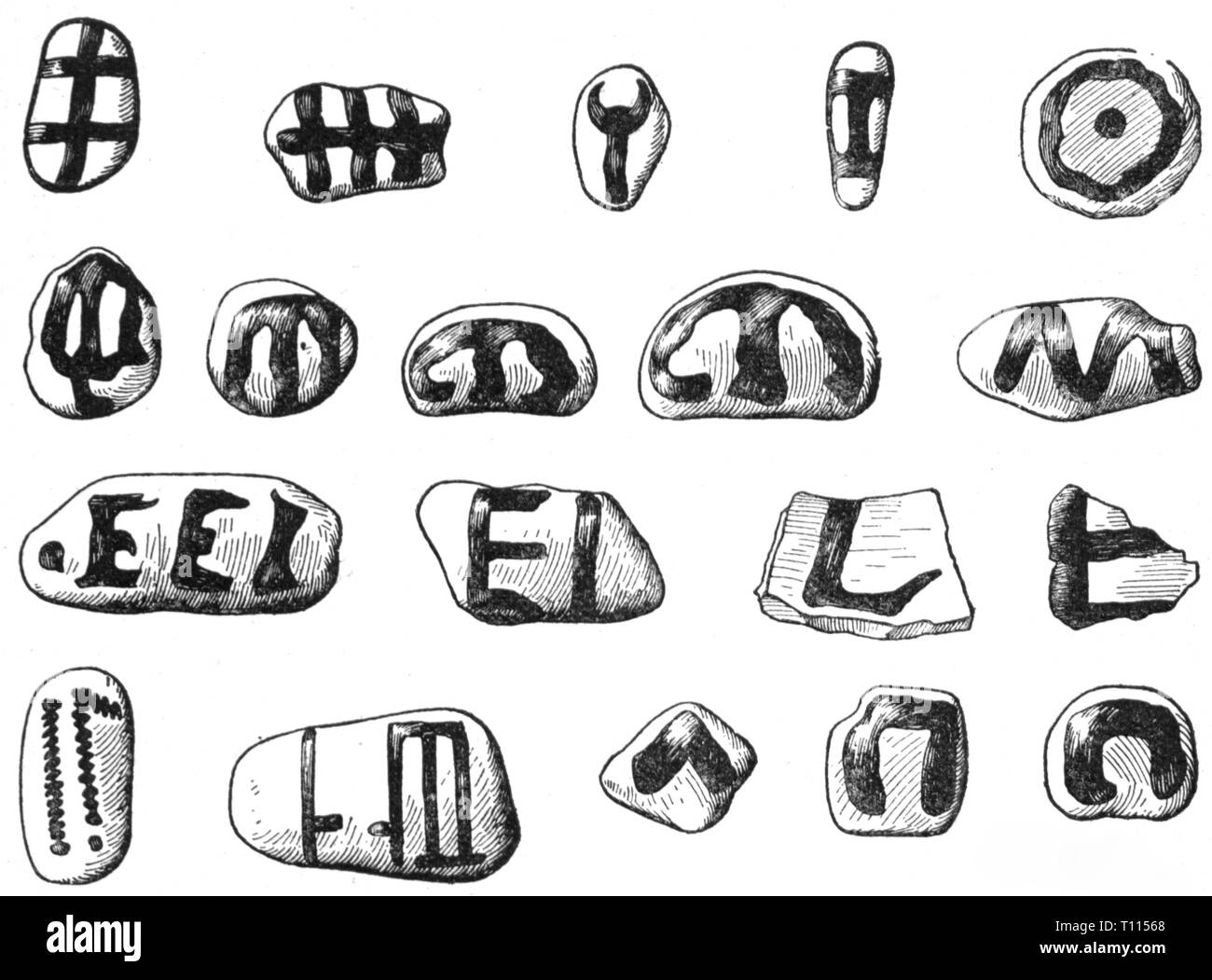 La scrittura di script, granelli di Mas d'Azil, Departement Ariège, Francia, circa 12000 - 7800 BC, incisione su legno, secolo XIX, preistoria, preistoria, script preistorici, simboli simbolo, Età della Pietra, Magdalenian, Paleolitico superiore, Paleolitico, Paleolitico, Old Stone Age, Ariège, Azil, script, Script di ghiaia, ciottoli, gravelstone, ciottoli e pietre ghiaia, storico, storico Additional-Rights-Clearance-Info-Not-Available Foto Stock