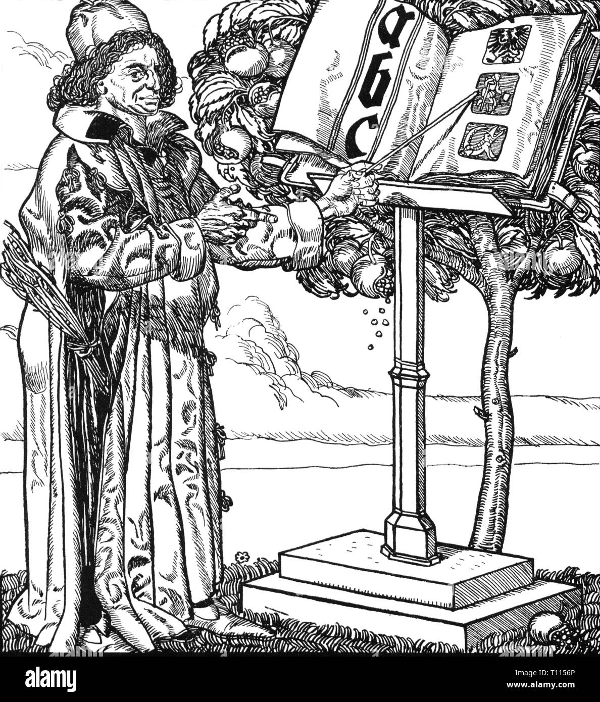 Pedagogia, insegnante, con un primer, xilografia, XVI secolo, prenota, libri, alfabeto, apprendimento, imparare, insegnamento, insegnare, insegna, insegnato lettura, Leggere, latino lettere alfabetiche, scrivania, leggio, leggii, canna, puntatore, puntatori lezione, lezioni, classi, master di scrittura, studioso, studiosi, persone, uomo, uomini, maschio, Manly, pedagogia, pedagogia, educazione, insegnante, insegnanti, xilografia, xilografie, storico, storico, artista del diritto d'autore non deve essere cancellata Foto Stock