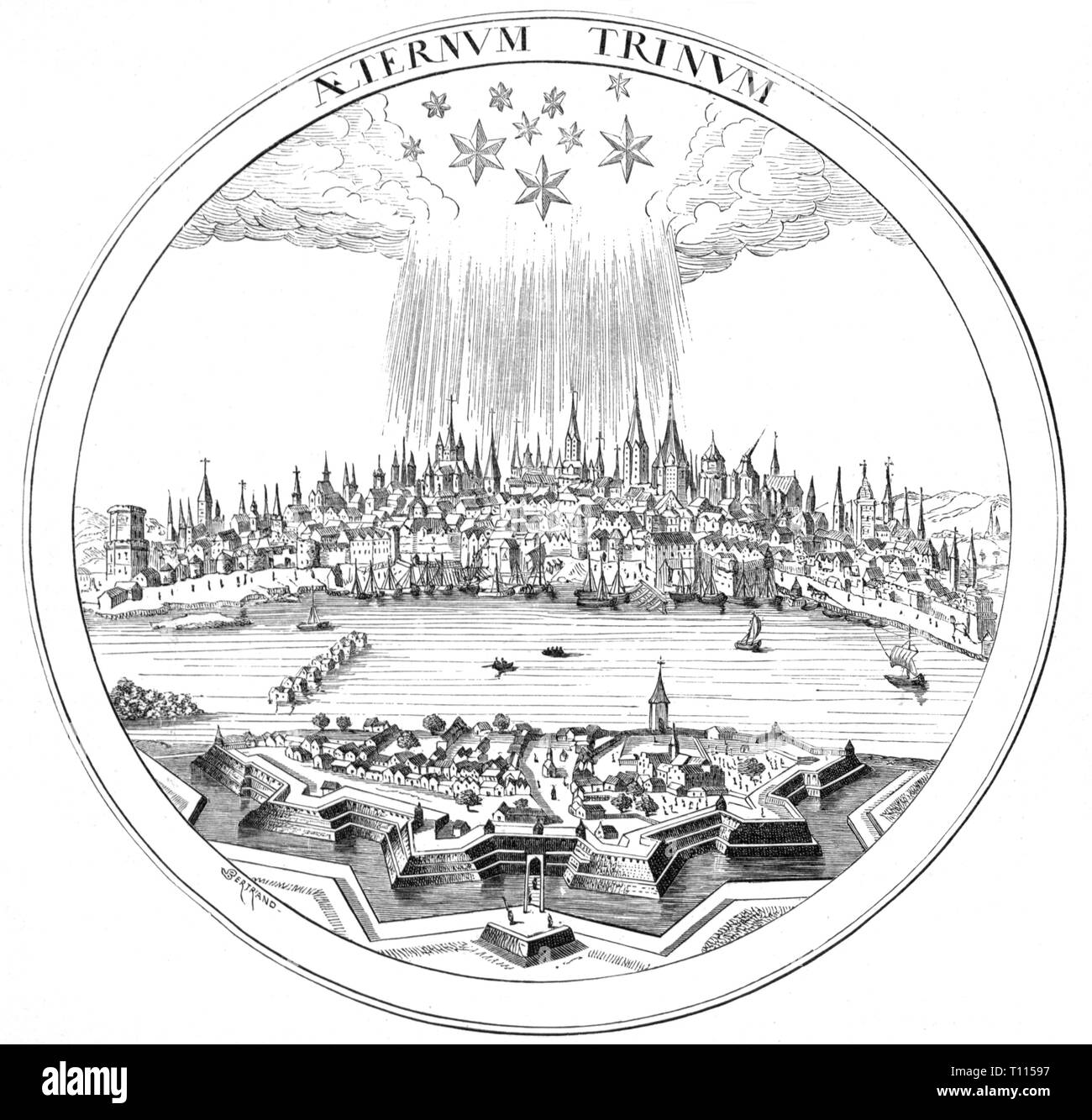 Germania, città e comunità, Colonia, vista sul Reno, "Santo Colonia", incisione su rame, 'Commentarii Rerum Germanicarum' da Pieter Bert, Amsterdam, 1616, artista del diritto d'autore non deve essere cancellata Foto Stock