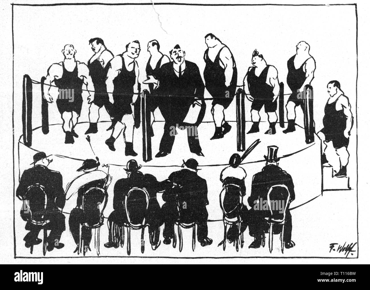 Sport, wrestling, caricatura, il 'Parade', i lottatori sono presentati al pubblico, serie 'Berlin vita', il disegno da Fritz Wolff, 1913, artista del diritto d'autore non deve essere cancellata Foto Stock