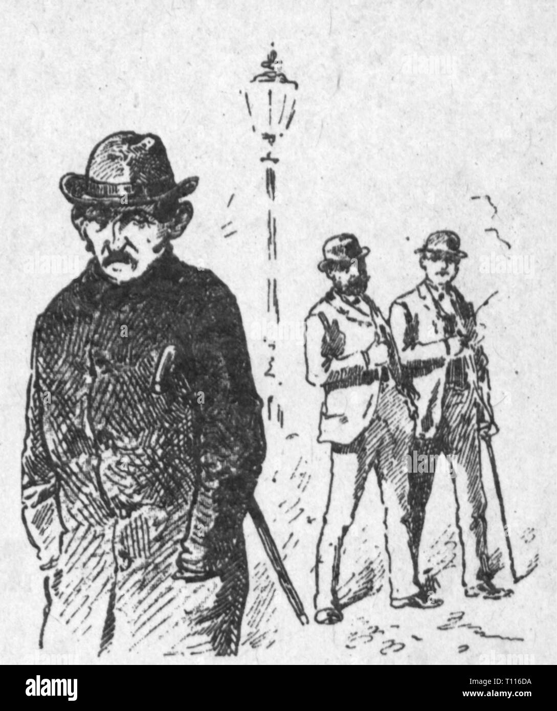 Politica, leggi, Germania, Anti-Socialist diritto, revoca, 1890, caricatura, Max: "Guarda là, quali grandi orecchie questo è uno', Moritz: 'Credo che, che è dell'informatore Eavesdropme, egli ha bisogno di grandi orecchie di coniglio a diventare sospettoso', disegno, 'Der Wahre Giacobbe", 1890, l'artista del diritto d'autore non deve essere cancellata Foto Stock