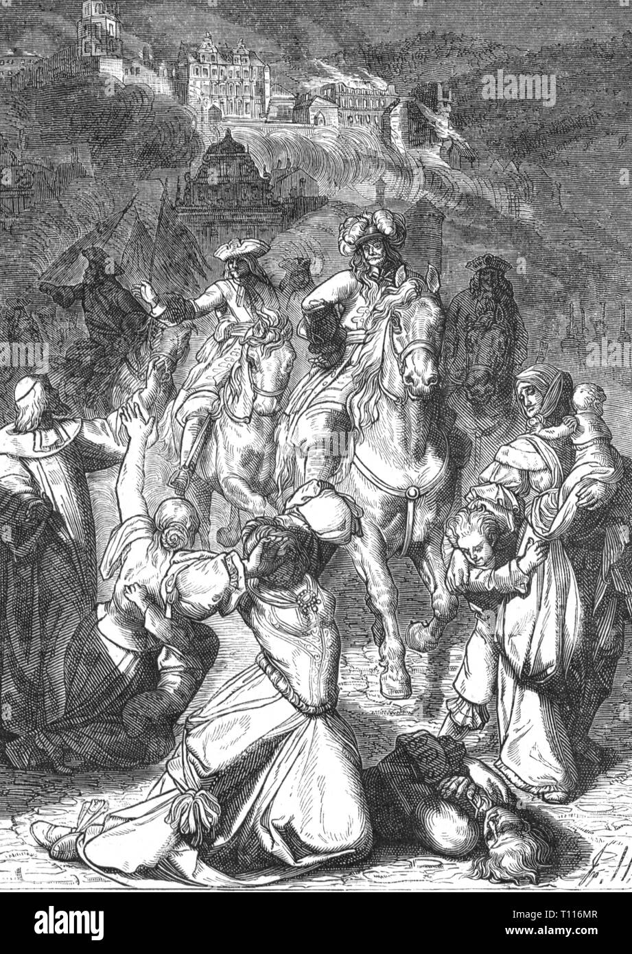 Nove anni di guerra 1688 - 1697, devastazione del Palatinato, le truppe francesi sotto generale Ezechiele de Melac stanno lasciando la masterizzazione di Heidelberg, marzo 1689, incisione su legno, secolo XIX, Guerra di Successione del Palatinato, Guerra dell'alleanza di Augsburg, la guerra della grande alleanza, incendio doloso, fuoco alzando, incendi, Texas fulmini, saccheggi e minaccia di masterizzazione, saccheggi e minacciano di masterizzare, saccheggi e minacciando di bruciare, saccheggiato e minacciato di masterizzare, atrocità bellica, Francese, Tedesco, tedeschi, civili, civili, il popolino, militare, soldati, soldato, persone, Additional-Rights-Clearance-Info-Not-Available Foto Stock