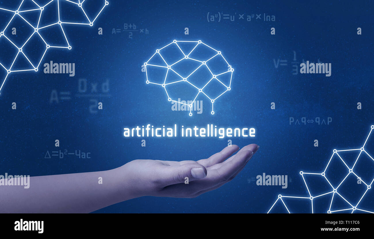 Mano azienda di intelligenza artificiale rete concetto del cervello. Formula matematica e rete astratta accanto a. Foto Stock