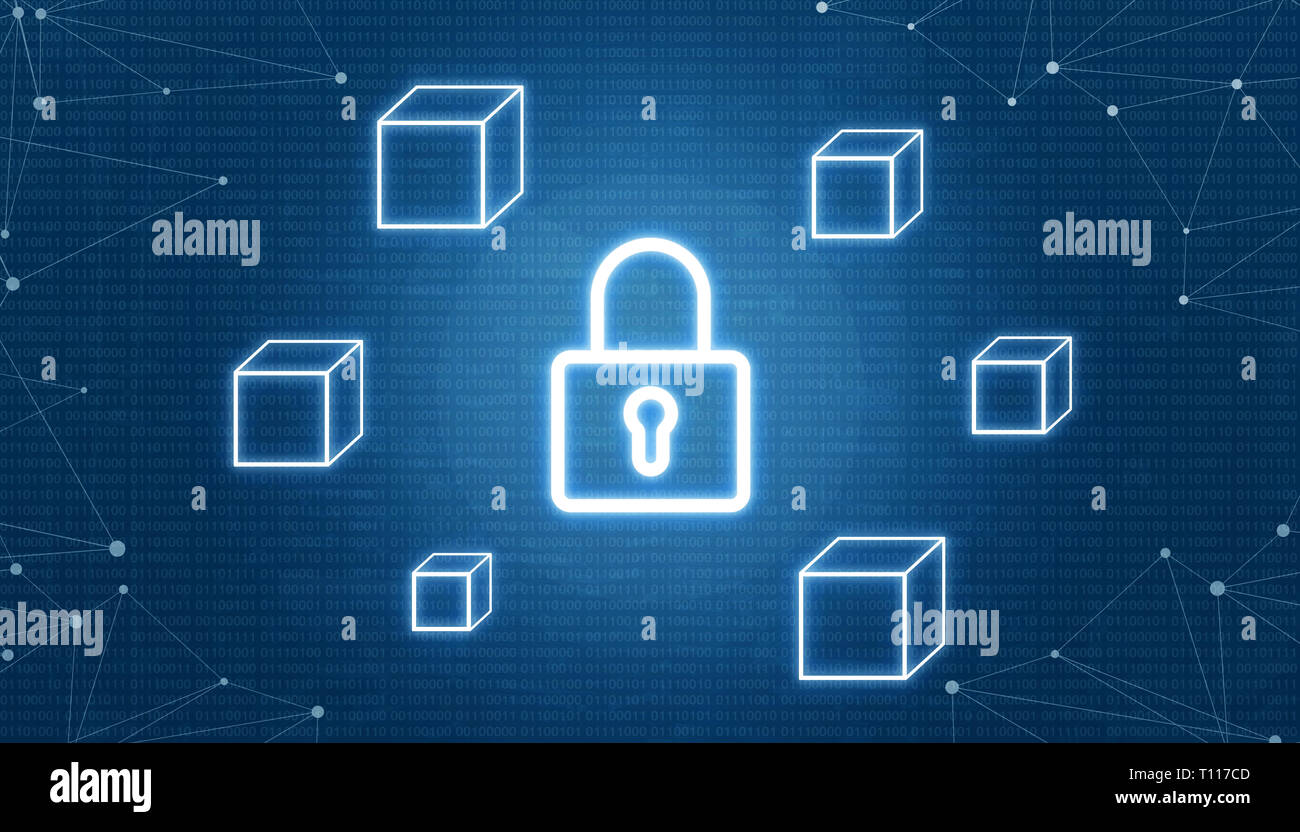 Blockchain concetto di sicurezza. Lucchetto circondata con i blocchi vuoti. Filo di rete accanto a. Codice binario in background. Foto Stock