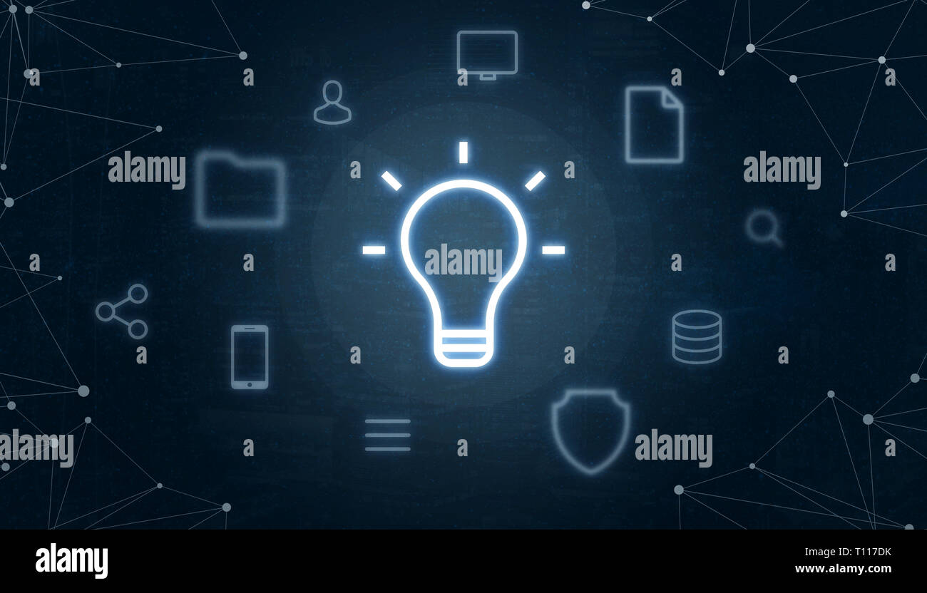 Idea di business concetto icona. La lampadina circondata con internet di cose icone. Netwoark in background simboleggia il networking e la moderna tecnologia utilizzare Foto Stock
