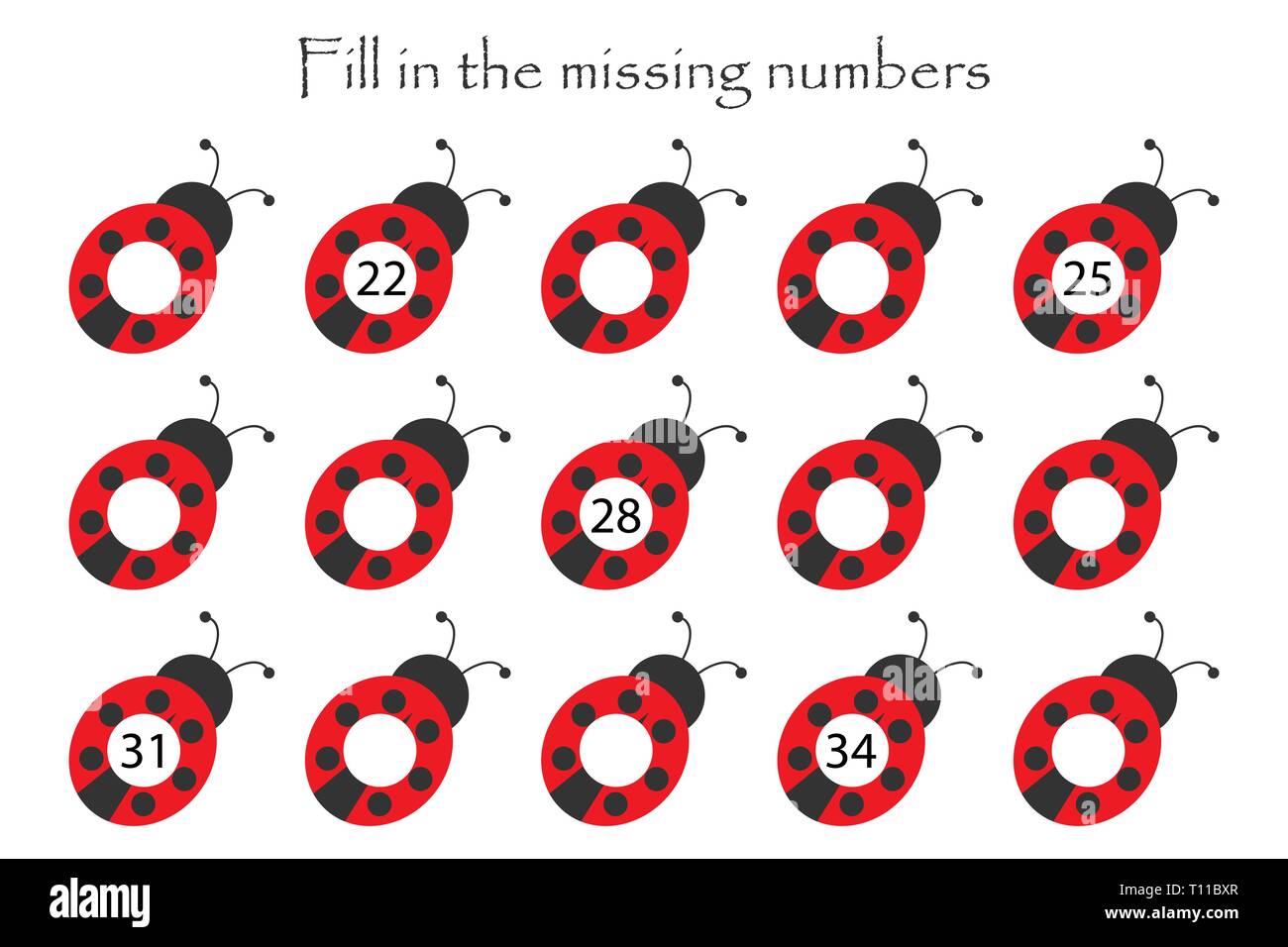 Gioco con ladybugs per bambini, riempire i numeri mancanti, livello medio, educazione gioco per bambini, scuola di attività del foglio di lavoro, compito per la Illustrazione Vettoriale
