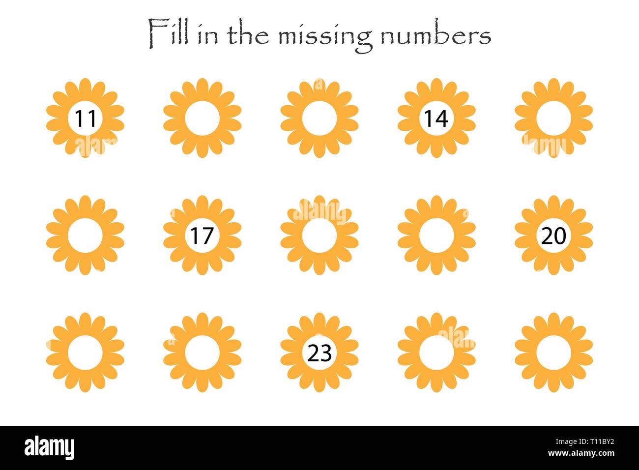 Gioco con i fiori per i bambini, riempire i numeri mancanti, livello medio, educazione gioco per bambini, scuola di attività del foglio di lavoro, compito per la Illustrazione Vettoriale