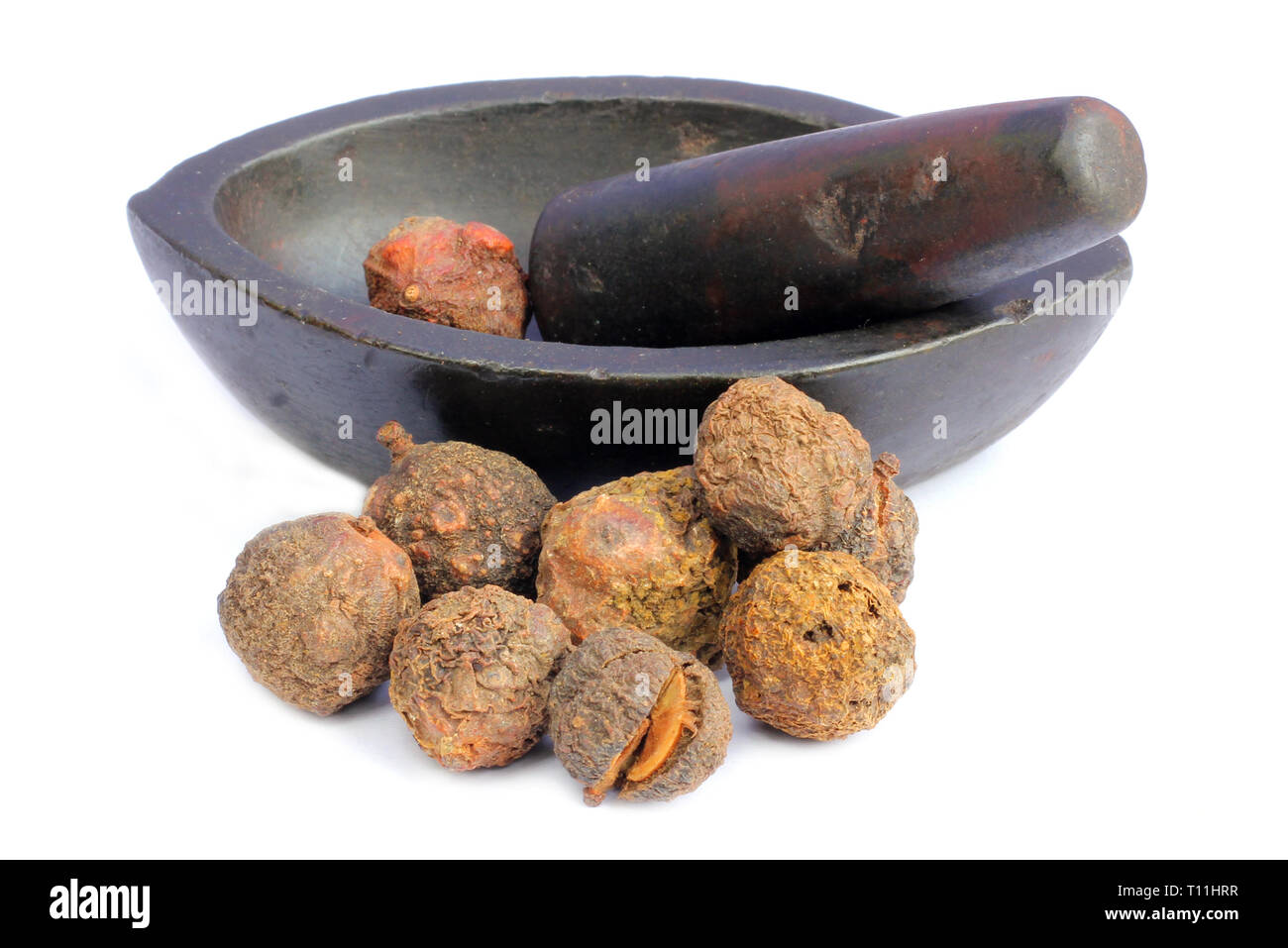Amal medicinali di frutti ayurvedico con mortaio vintage hanno proprietà medicina Foto Stock