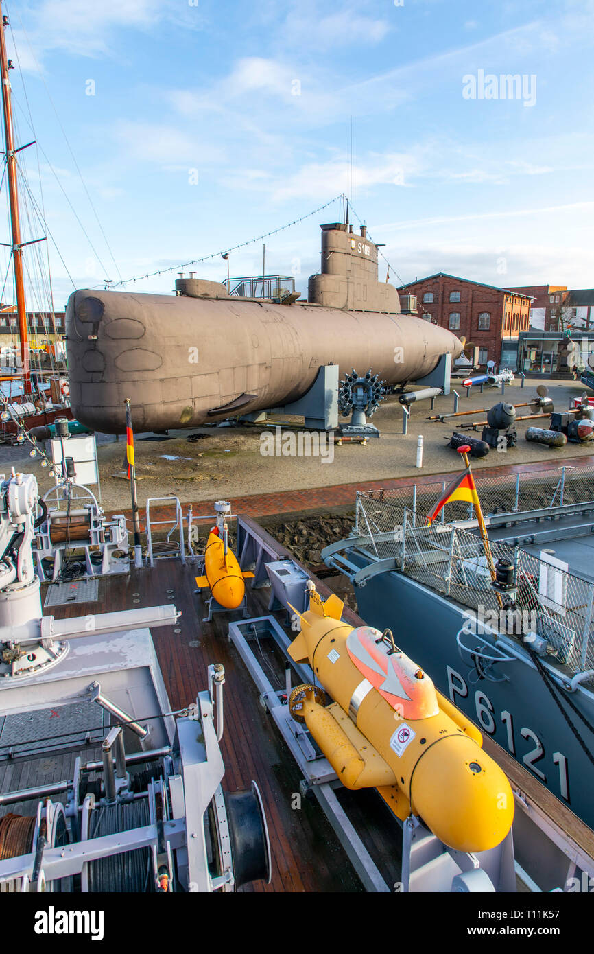 Wilhelmshaven, Tedesco Museo della Marina, sulla South Beach, la storia della marina tedesca, navi da guerra della Marina Militare Tedesca e la ex NVA, motore Diesel subma Foto Stock