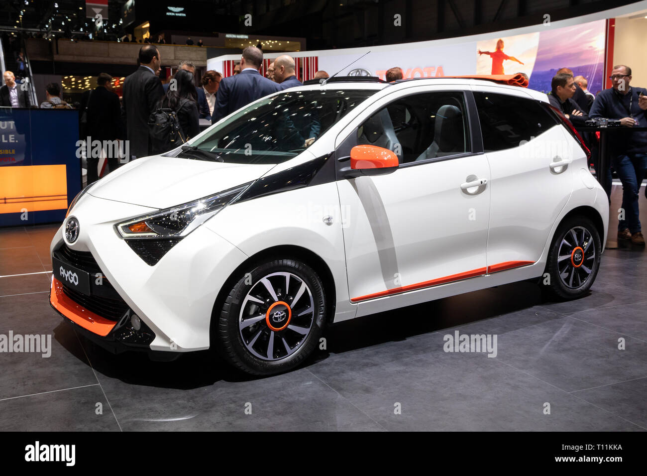 Ginevra, Svizzera - Marzo 5, 2019: Toyota Aygo auto esposti all'ottantanovesimo Geneva International Motor Show. Foto Stock