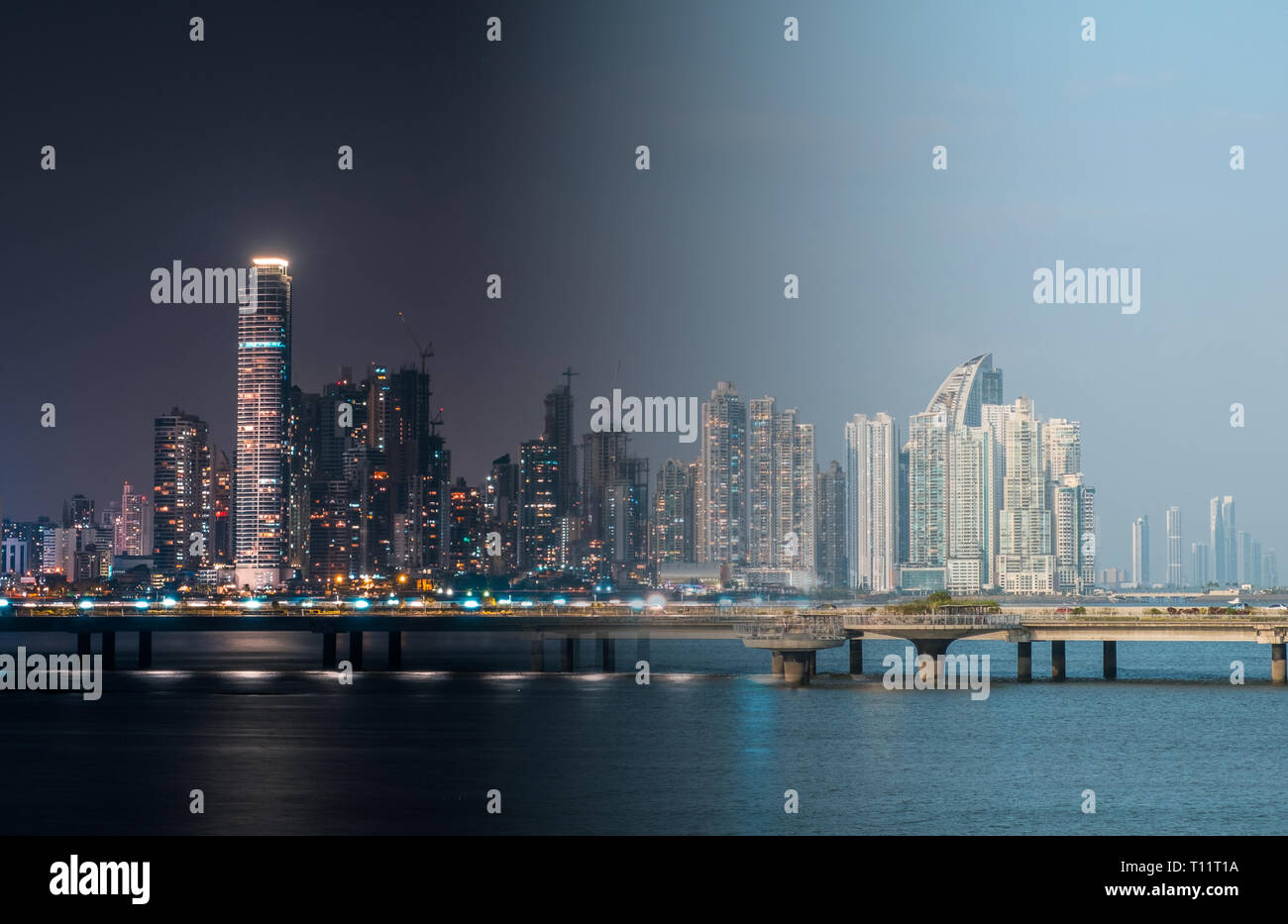 Skysraper moderno skyline della città di notte e di giorno photomerge, Panama City Foto Stock