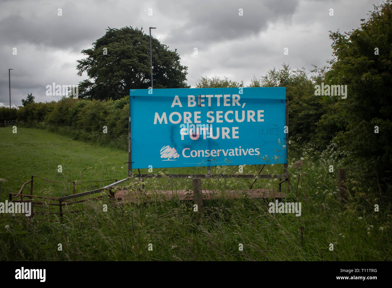 Soggetto ad atti vandalici conservatore manifesti elettorali in Cumbria. Graffiti disegnati sui segni a Penrith e la circoscrizione di confine. Foto Stock