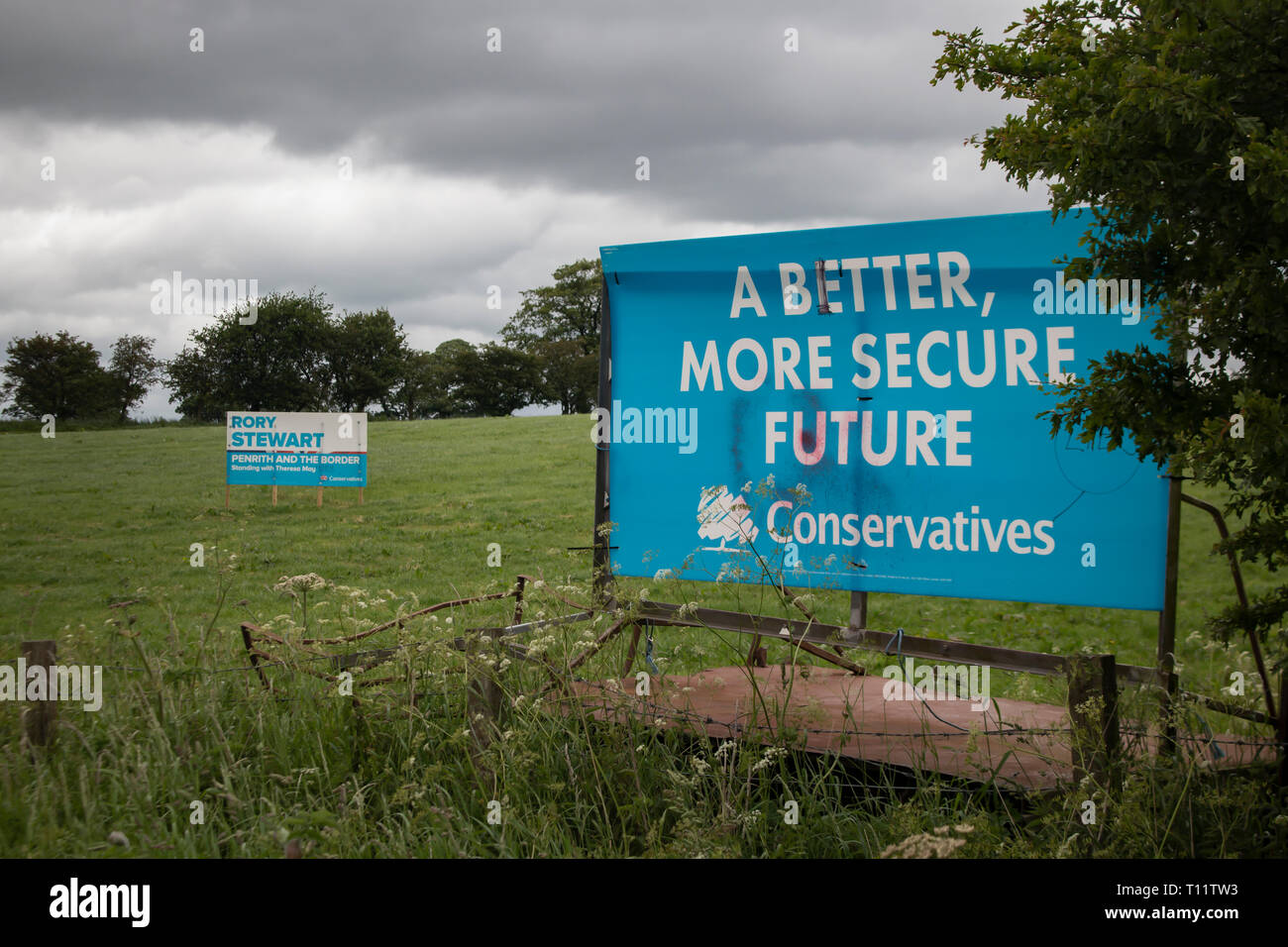Soggetto ad atti vandalici conservatore manifesti elettorali in Cumbria. Graffiti disegnati sui segni a Penrith e la circoscrizione di confine. Foto Stock