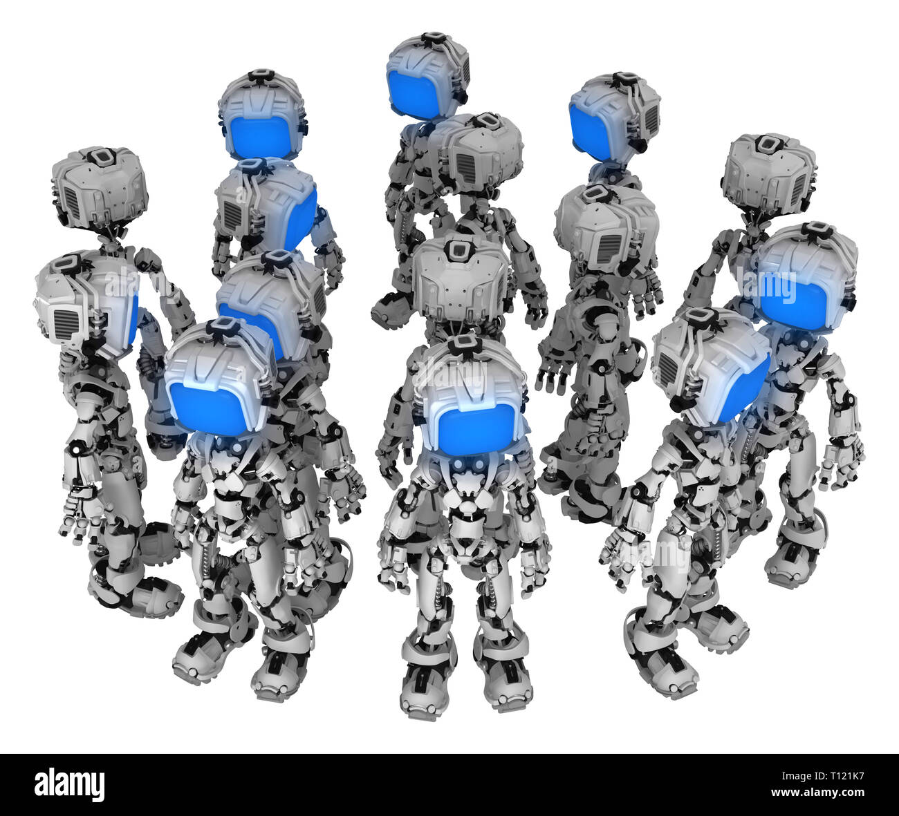 Schermo figura robot presentano carattere mazzetto Chiudi gruppo, 3d'illustrazione, orizzontale, isolato Foto Stock