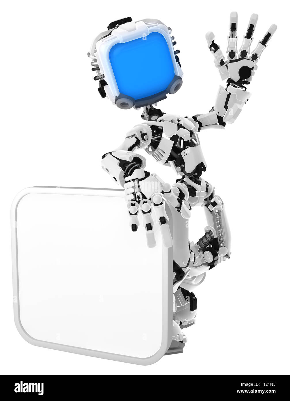 Robot schermo figura carattere pongono con quadrato segno, 3d'illustrazione, verticale, isolato Foto Stock