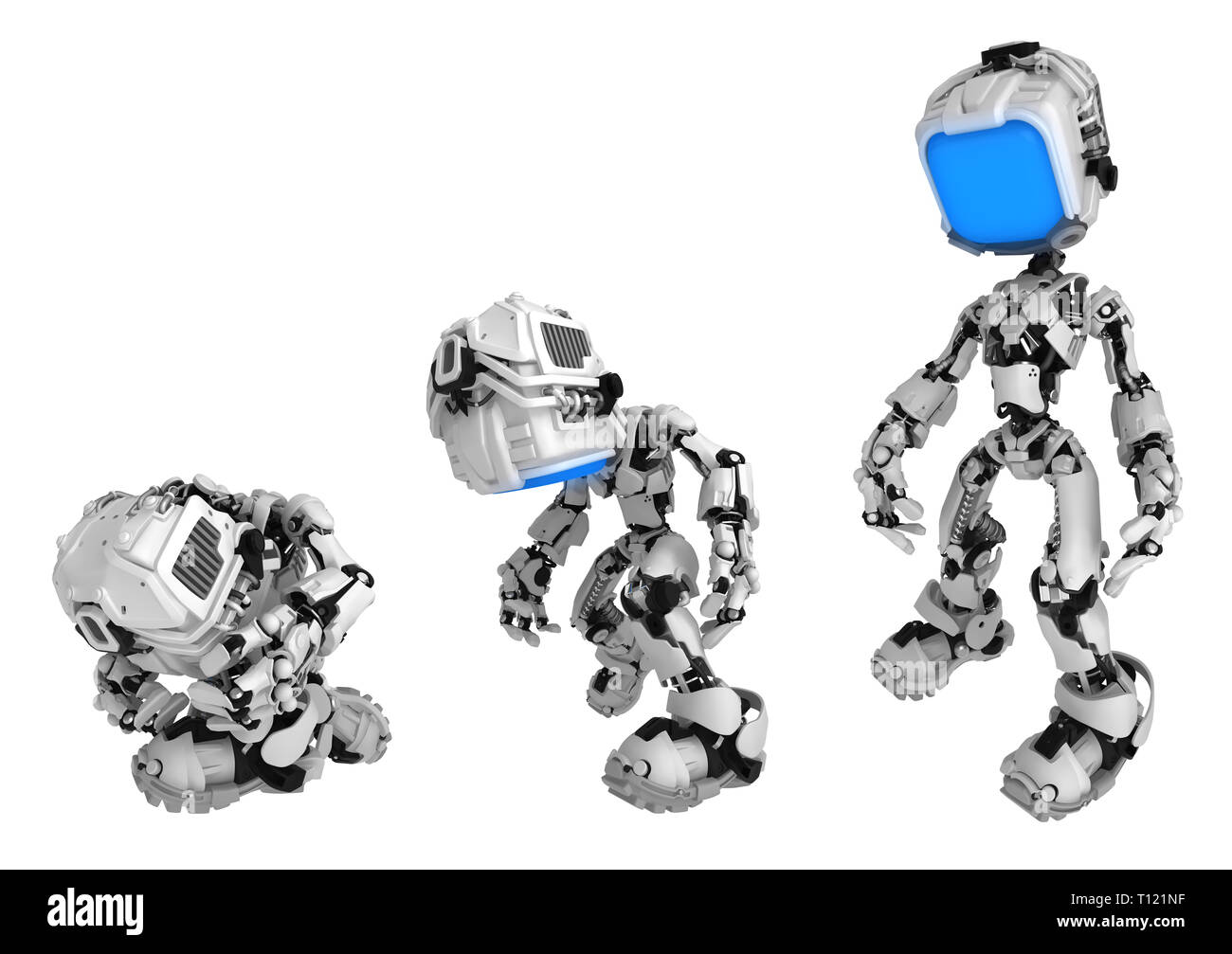 Robot schermo figura carattere pongono il dispiegamento, 3d'illustrazione, orizzontale, isolato Foto Stock