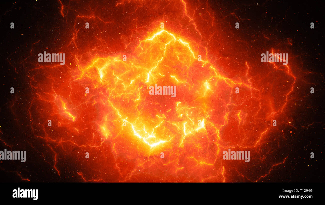 Fiery incandescente ad alta energia fulmini, generato dal computer sfondo astratto, rendering 3D Foto Stock